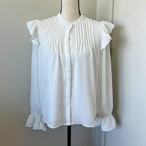 CeCe Pintuck Ruffle Long sleeve Blouse White Size Small